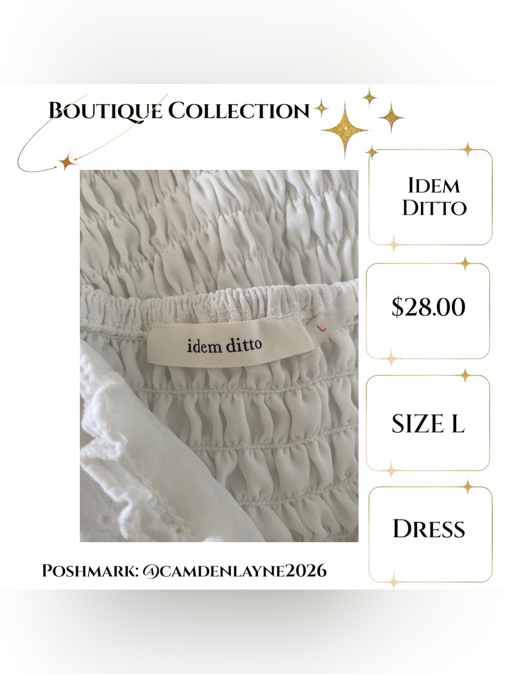 White Smocked “Milk-Maid” Mini Dress with Puff Sleeves - Picture 5 of 6
